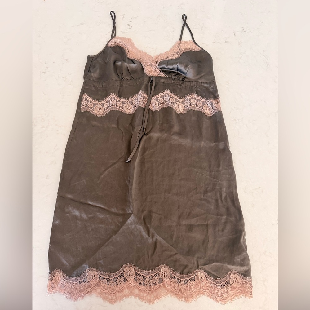 Intimissimi Silk Slip Nightgown Lace Trim Olive tan green brown size M